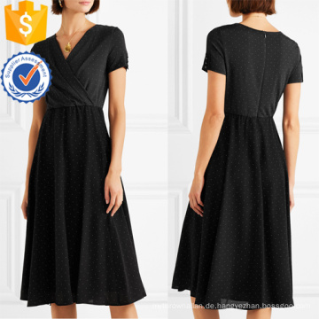 Sommer schwarz und weiß Polka Dot Chiffon V-Ausschnitt Kurzarm Midi Kleid Herstellung Großhandel Mode Frauen Bekleidung (TA0310D)